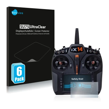 Face avant d’un emballage produit avec le logo de la marque Savvies. À côté, l’appareil Spektrum iX14 est représenté avec la p