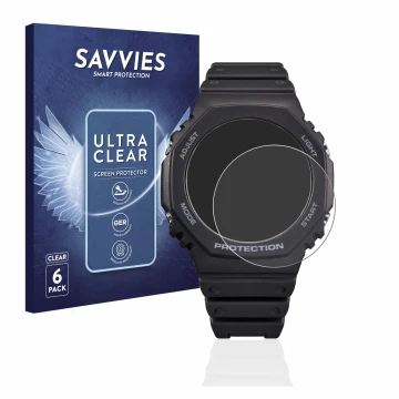 Face avant d’un emballage produit avec le logo de la marque Savvies. À côté, l’appareil Casio G-Shock GA-B2100 est représenté 