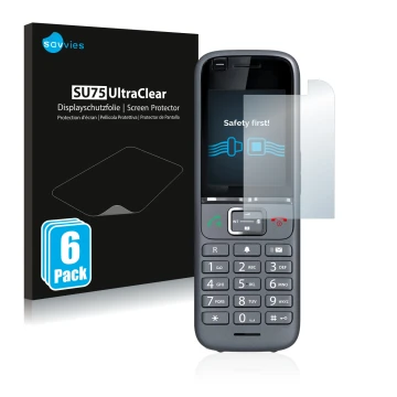 Face avant d’un emballage produit avec le logo de la marque Savvies. À côté, l’appareil Gigaset S700H PRO est représenté avec 