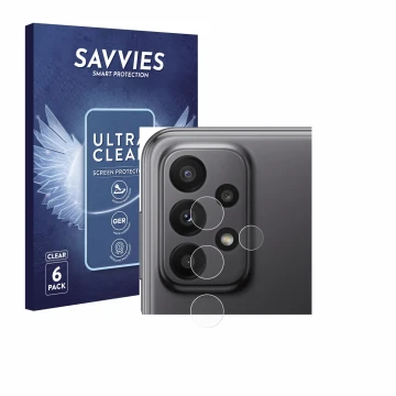 Face avant d’un emballage produit avec le logo de la marque Savvies. À côté, l’appareil Samsung Galaxy A23 5G (Caméra UNIQUEME