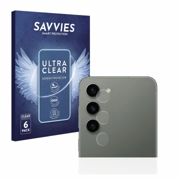 Face avant d’un emballage produit avec le logo de la marque Savvies. À côté, l’appareil Samsung Galaxy S23 (Caméra UNIQUEMENT)