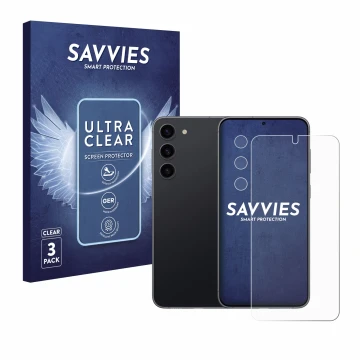 Face avant d’un emballage produit avec le logo de la marque Savvies. À côté, l’appareil Samsung Galaxy S23 (Avant+Caméra) est 