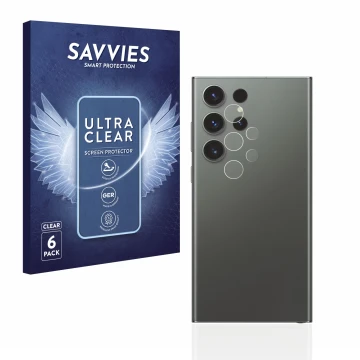 Face avant d’un emballage produit avec le logo de la marque Savvies. À côté, l’appareil Samsung Galaxy S23 Ultra (Caméra UNIQU
