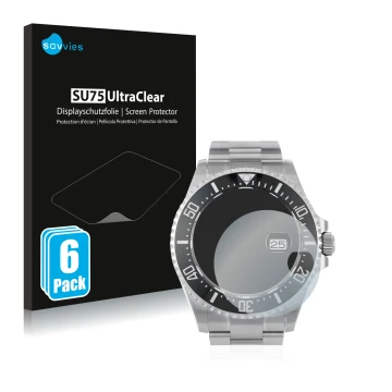 Face avant d’un emballage produit avec le logo de la marque Savvies. À côté, l’appareil Rolex Sea-Dweller 43mm (Date) est repr