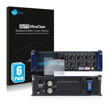 Face avant d’un emballage produit avec le logo de la marque Savvies. À côté, l’appareil Zoom F8 field recorder est représenté 