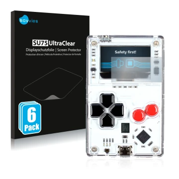 Face avant d’un emballage produit avec le logo de la marque Savvies. À côté, l’appareil Arduboy FX est représenté avec la prot