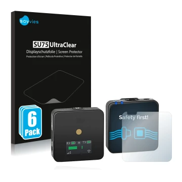 Face avant d’un emballage produit avec le logo de la marque Savvies. À côté, l’appareil Rode Wireless GO II est représenté ave