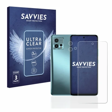 Face avant d’un emballage produit avec le logo de la marque Savvies. À côté, l’appareil Motorola Moto G72 (Avant+Caméra) est r