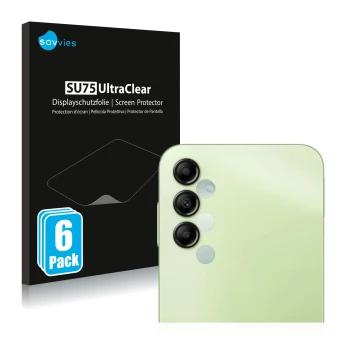 Face avant d’un emballage produit avec le logo de la marque Savvies. À côté, l’appareil Samsung Galaxy A14 5G (Caméra UNIQUEME