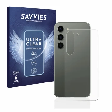 Face avant d’un emballage produit avec le logo de la marque Savvies. À côté, l’appareil Samsung Galaxy S23 (Arrière) est repré