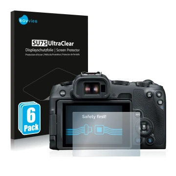 Face avant d’un emballage produit avec le logo de la marque Savvies. À côté, l’appareil Canon EOS R8 est représenté avec la pr