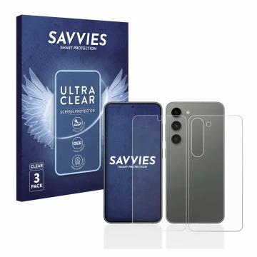 Face avant d’un emballage produit avec le logo de la marque Savvies. À côté, l’appareil Samsung Galaxy S23 (Avant+Arrière) est