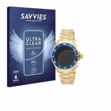 Face avant d’un emballage produit avec le logo de la marque Savvies. À côté, l’appareil Invicta Pro Diver 8930OB (40mm) est re