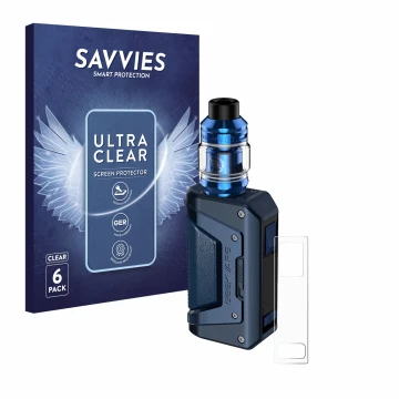 Face avant d’un emballage produit avec le logo de la marque Savvies. À côté, l’appareil GeekVape Aegis Legend 2 L200 est repré