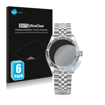 Face avant d’un emballage produit avec le logo de la marque Savvies. À côté, l’appareil Rolex Datejust 31 est représenté avec 