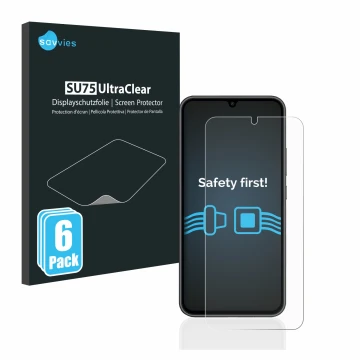 Face avant d’un emballage produit avec le logo de la marque Savvies. À côté, l’appareil Samsung Galaxy A34 5G est représenté a