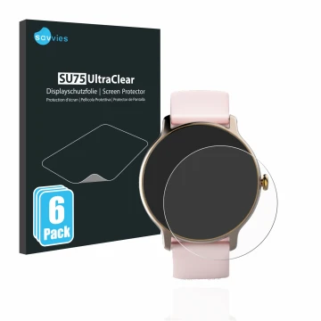 Face avant d’un emballage produit avec le logo de la marque Savvies. À côté, l’appareil Hama Fit Watch 4910 est représenté ave