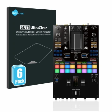 Face avant d’un emballage produit avec le logo de la marque Savvies. À côté, l’appareil Pioneer DJM-S11 est représenté avec la