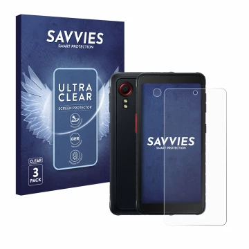 Face avant d’un emballage produit avec le logo de la marque Savvies. À côté, l’appareil Samsung Galaxy XCover 5 Enterprise Edi