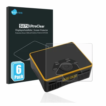 Face avant d’un emballage produit avec le logo de la marque Savvies. À côté, l’appareil Junsi iCharger DX6 est représenté avec