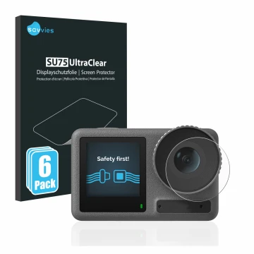 Face avant d’un emballage produit avec le logo de la marque Savvies. À côté, l’appareil DJI Osmo Action 3 (Lentille) est repré