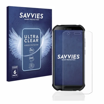 Face avant d’un emballage produit avec le logo de la marque Savvies. À côté, l’appareil Doogee S41 est représenté avec la prot