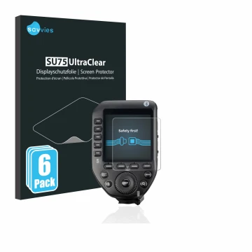 Face avant d’un emballage produit avec le logo de la marque Savvies. À côté, l’appareil Godox XPro II est représenté avec la p