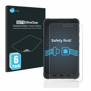 Face avant d’un emballage produit avec le logo de la marque Savvies. À côté, l’appareil Samsung Galaxy Tab Active 3 Enterprise