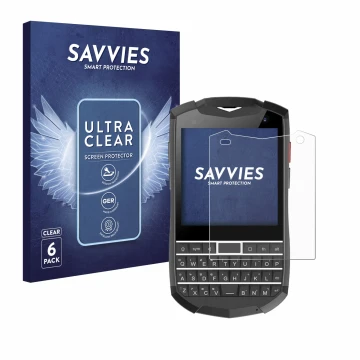 Face avant d’un emballage produit avec le logo de la marque Savvies. À côté, l’appareil Unihertz Titan Pocket est représenté a