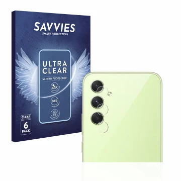 Face avant d’un emballage produit avec le logo de la marque Savvies. À côté, l’appareil Samsung Galaxy A54 5G (Caméra UNIQUEME