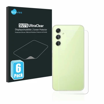 Face avant d’un emballage produit avec le logo de la marque Savvies. À côté, l’appareil Samsung Galaxy A54 5G (Arrière) est re