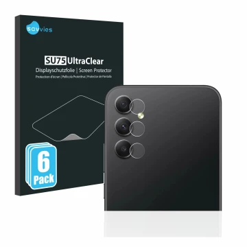 Face avant d’un emballage produit avec le logo de la marque Savvies. À côté, l’appareil Samsung Galaxy A34 5G (Caméra UNIQUEME