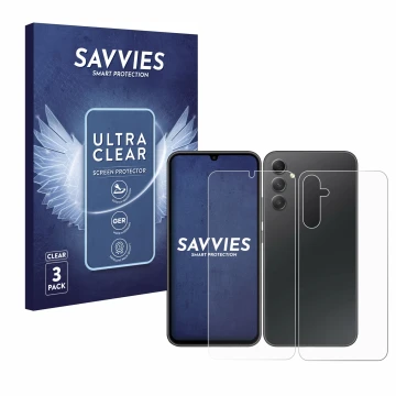 Face avant d’un emballage produit avec le logo de la marque Savvies. À côté, l’appareil Samsung Galaxy A34 5G (Avant+Arrière) 