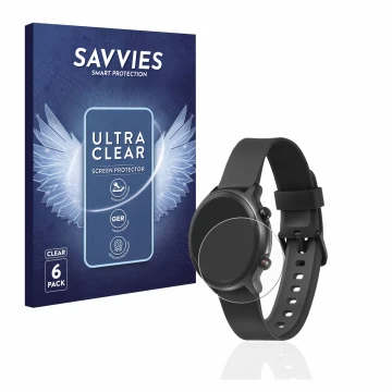 Face avant d’un emballage produit avec le logo de la marque Savvies. À côté, l’appareil Doro Watch est représenté avec la prot