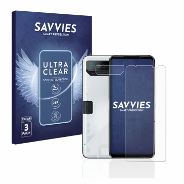 Face avant d’un emballage produit avec le logo de la marque Savvies. À côté, l’appareil ASUS ROG Phone 7 (Avant+Caméra) est re