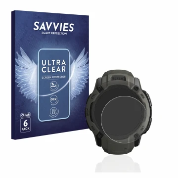 Face avant d’un emballage produit avec le logo de la marque Savvies. À côté, l’appareil Garmin Instinct 2X Solar est représent
