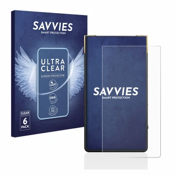 Face avant d’un emballage produit avec le logo de la marque Savvies. À côté, l’appareil Sony Walkman NW-ZX707 est représenté a