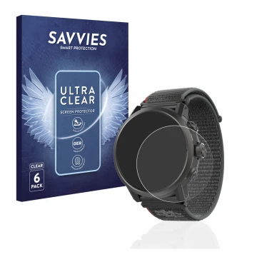 Face avant d’un emballage produit avec le logo de la marque Savvies. À côté, l’appareil Coros Apex 2 est représenté avec la pr