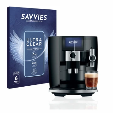 Face avant d’un emballage produit avec le logo de la marque Savvies. À côté, l’appareil Jura J8 est représenté avec la protect