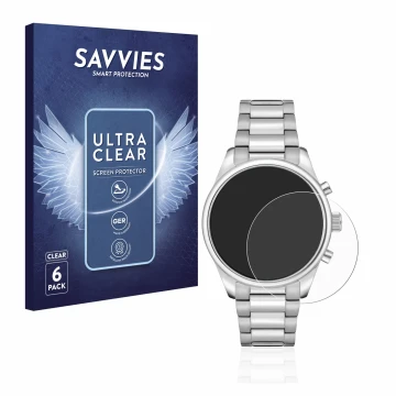 Face avant d’un emballage produit avec le logo de la marque Savvies. À côté, l’appareil Hugo Boss Chronograph 58114171 est rep