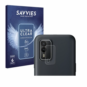 Face avant d’un emballage produit avec le logo de la marque Savvies. À côté, l’appareil Nokia XR21 (Caméra UNIQUEMENT) est rep
