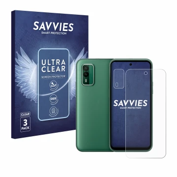 Face avant d’un emballage produit avec le logo de la marque Savvies. À côté, l’appareil Nokia XR21 (Avant+Caméra) est représen