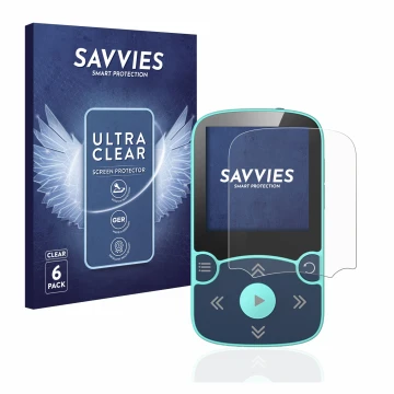 Face avant d’un emballage produit avec le logo de la marque Savvies. À côté, l’appareil AGPtek A65X MP3 Player with clip est r