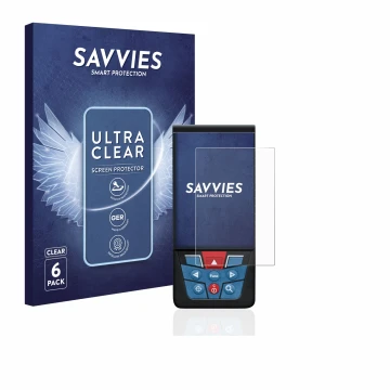 Face avant d’un emballage produit avec le logo de la marque Savvies. À côté, l’appareil Bosch GLM 100-25c est représenté avec 