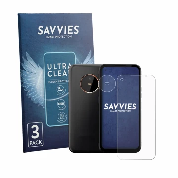 Face avant d’un emballage produit avec le logo de la marque Savvies. À côté, l’appareil Gigaset GX6 (Avant+Caméra) est représe