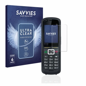 Face avant d’un emballage produit avec le logo de la marque Savvies. À côté, l’appareil Gigaset R700H Pro est représenté avec 