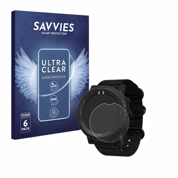 Face avant d’un emballage produit avec le logo de la marque Savvies. À côté, l’appareil Suunto Core Alpha est représenté avec 