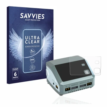 Face avant d’un emballage produit avec le logo de la marque Savvies. À côté, l’appareil SkyRc D200 neo est représenté avec la 