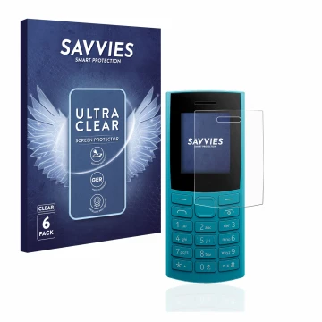 Face avant d’un emballage produit avec le logo de la marque Savvies. À côté, l’appareil Nokia 105 4G (2023) est représenté ave
