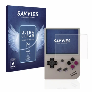Face avant d’un emballage produit avec le logo de la marque Savvies. À côté, l’appareil Anbernic RG35XX est représenté avec la